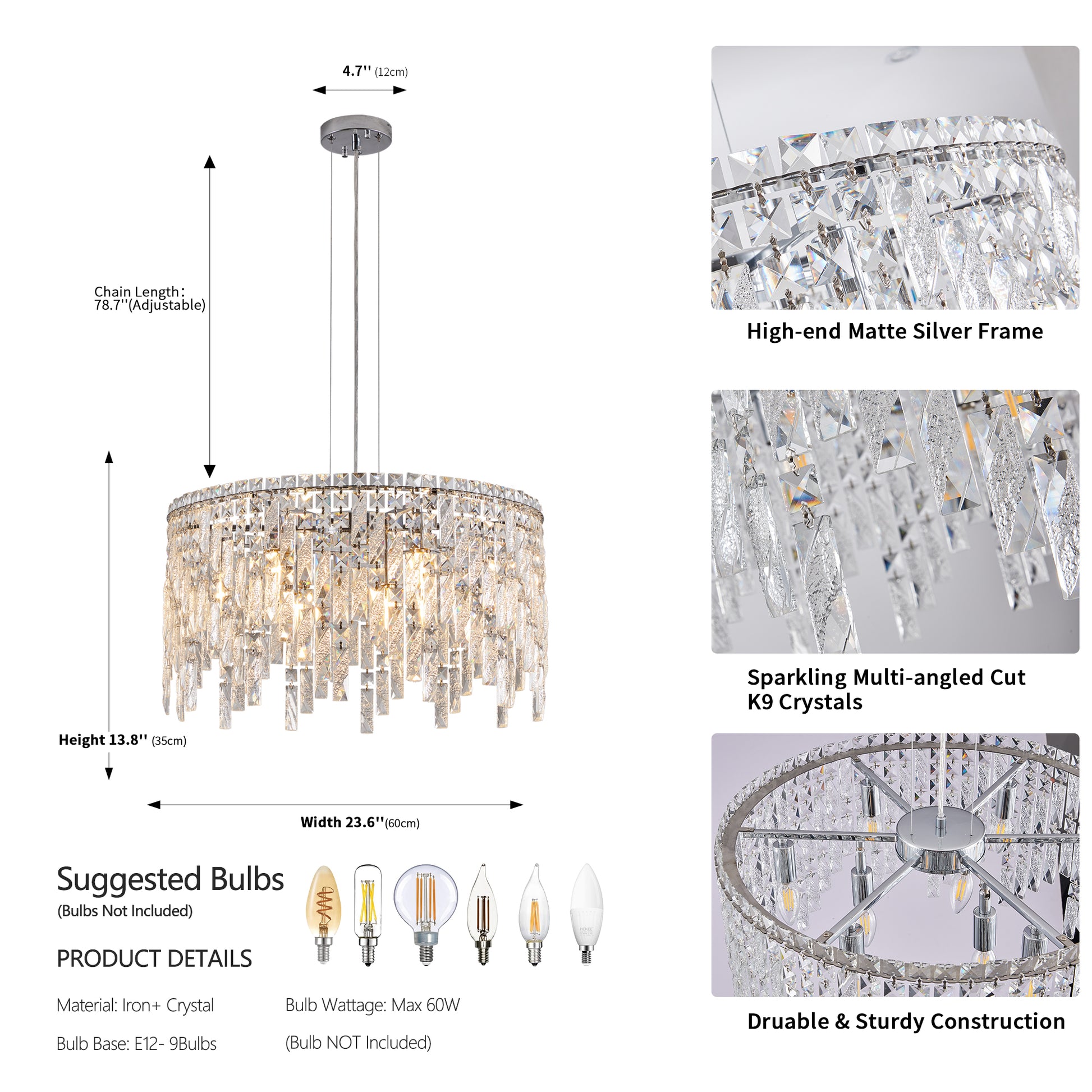 24" Modern Round Silver Crystal Chandelier - view 2