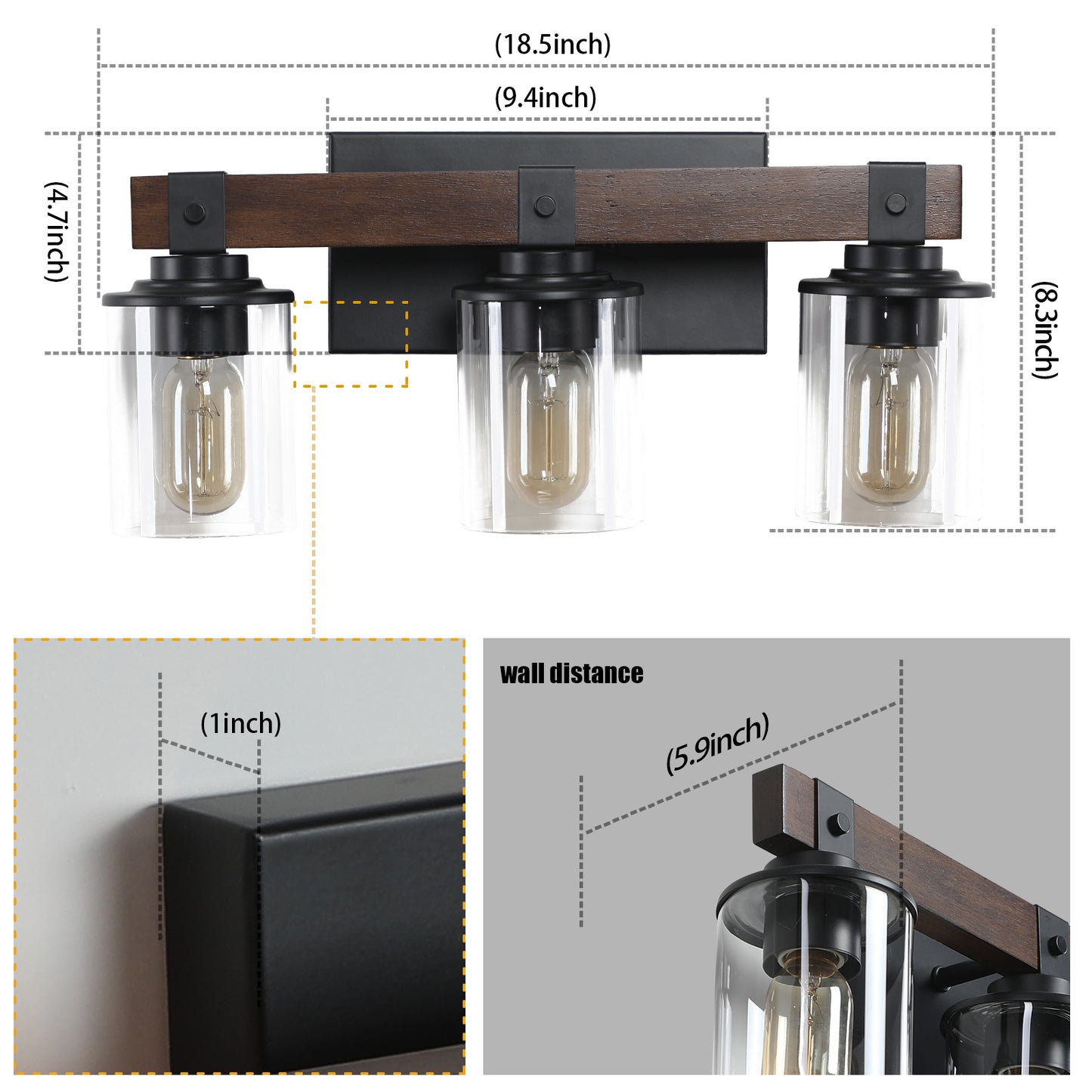 19" 3-Light Walnut Farmhouse Vanity Light with Glass Shades - view 16