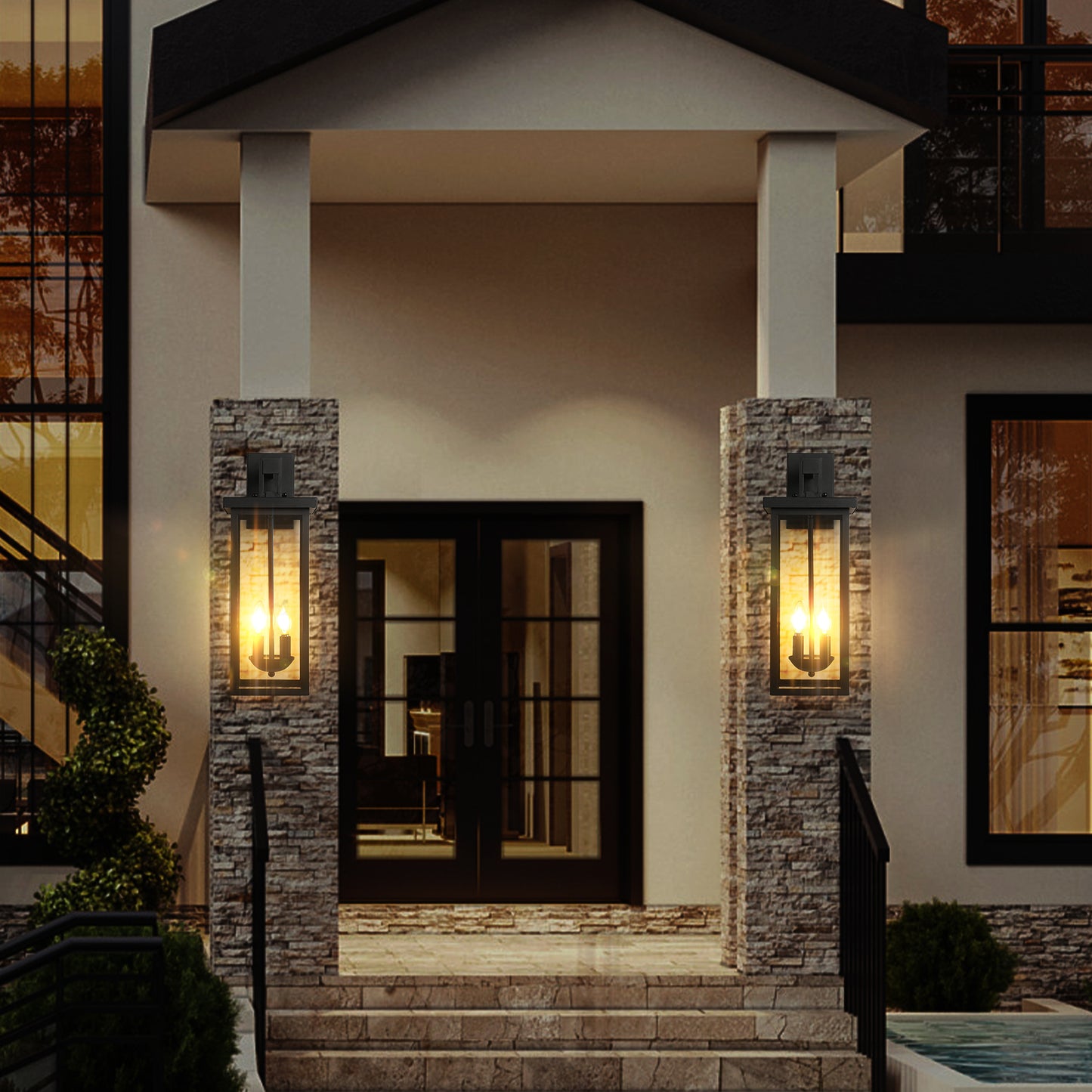 22" Matte Black Dusk to Dawn Outdoor Wall Lantern, Set of 2