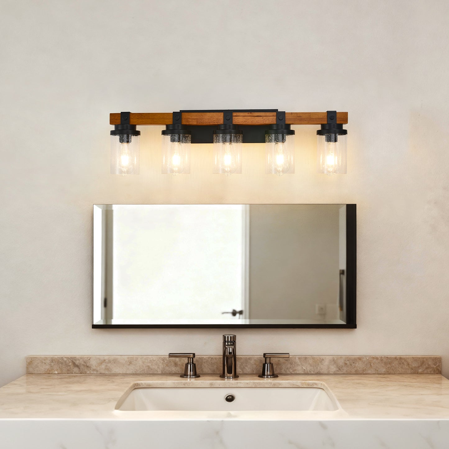 5-Light Matte Black & Wood Wall Light with Glass Shades - view 2