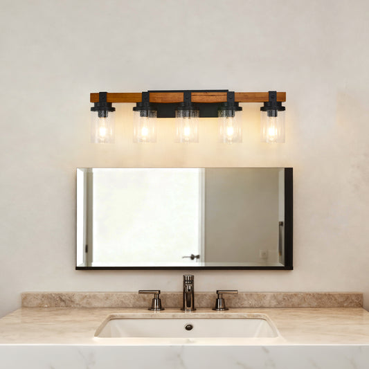 5-Light Matte Black & Wood Wall Light with Glass Shades - view 2