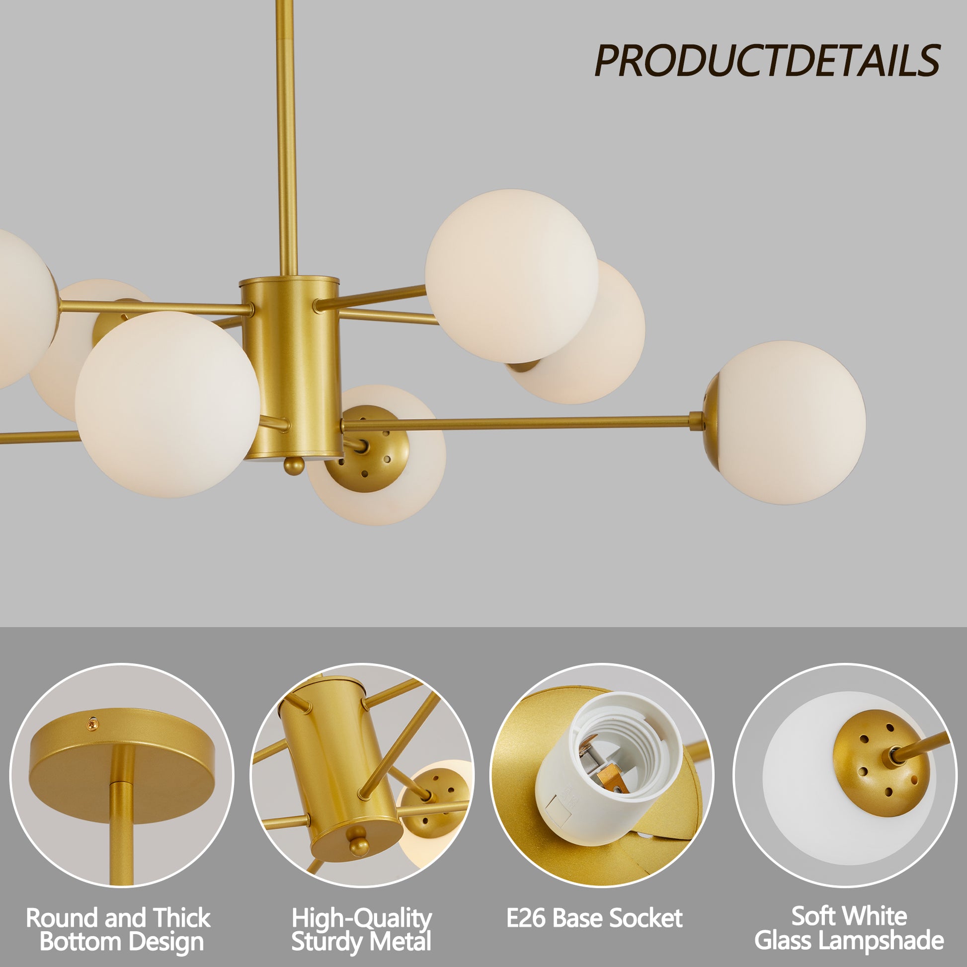 35" 8-Light Gold Mid-Century Chandelier with Glass Globes - view 8