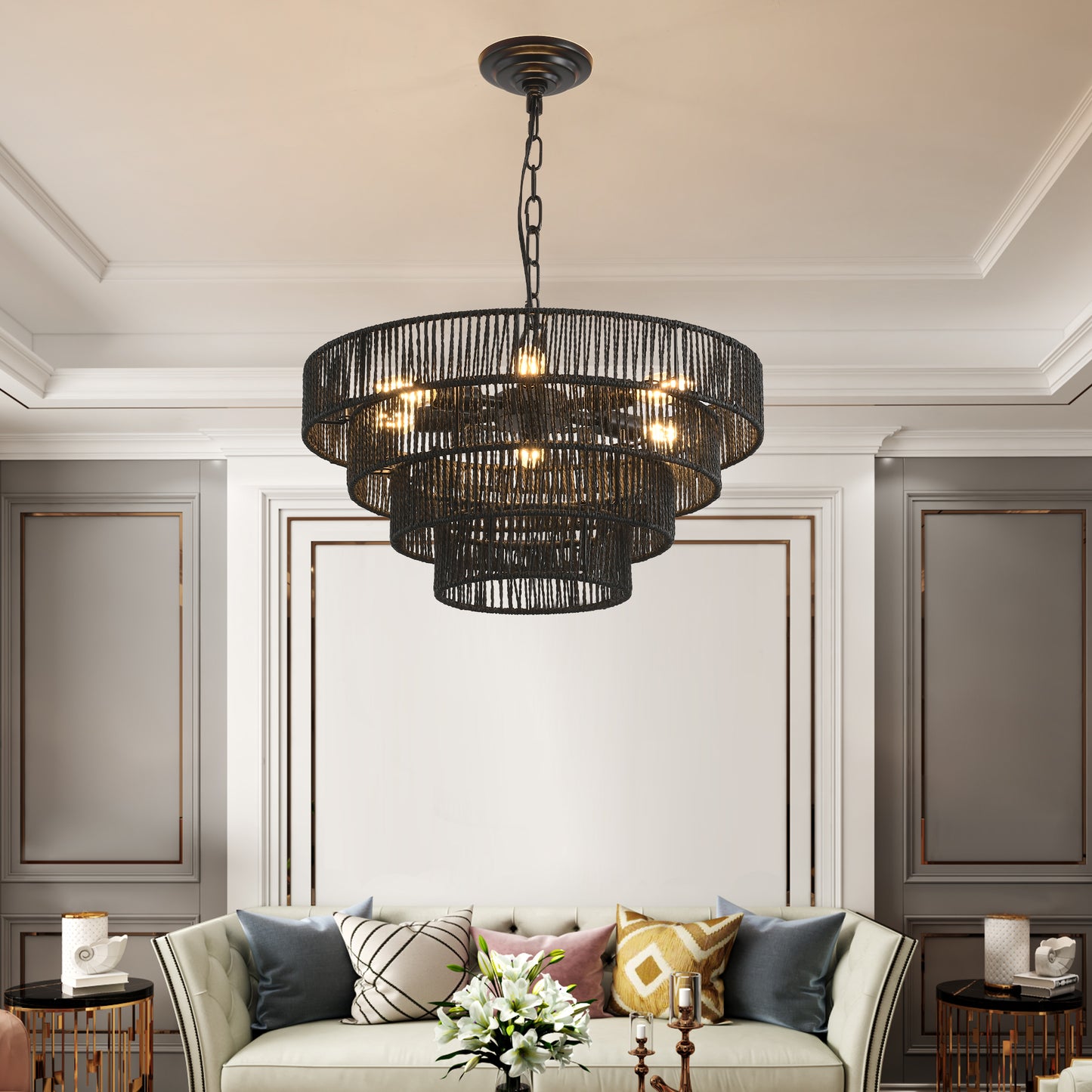 20" 4-Tier Black Hemp Rope Boho Chandelier