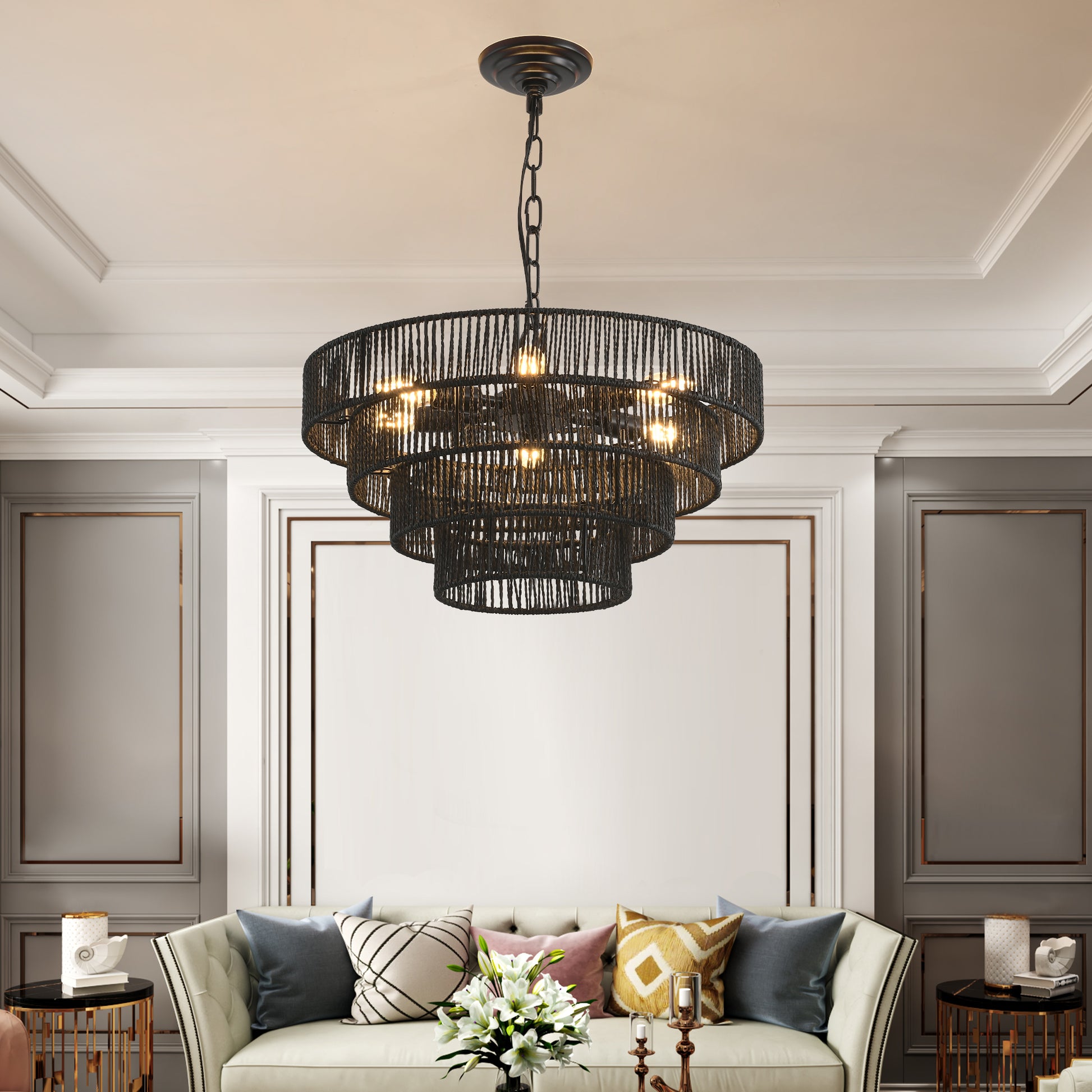 20" 4-Tier Black Hemp Rope Boho Chandelier