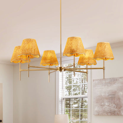 6-Light Gold Boho Rattan Pendant Chandelier