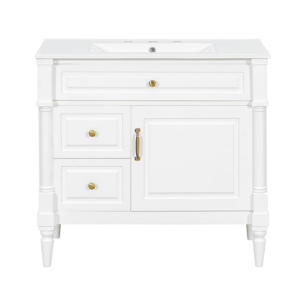 36" White Bathroom Vanity with Sink, 3 Drawers & Turned Legs