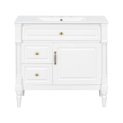 36" White Bathroom Vanity with Sink, 3 Drawers & Turned Legs