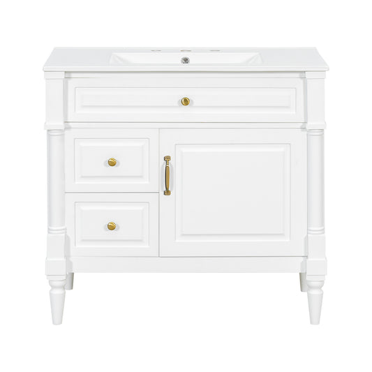 36" White Bathroom Vanity with Sink, 3 Drawers & Turned Legs