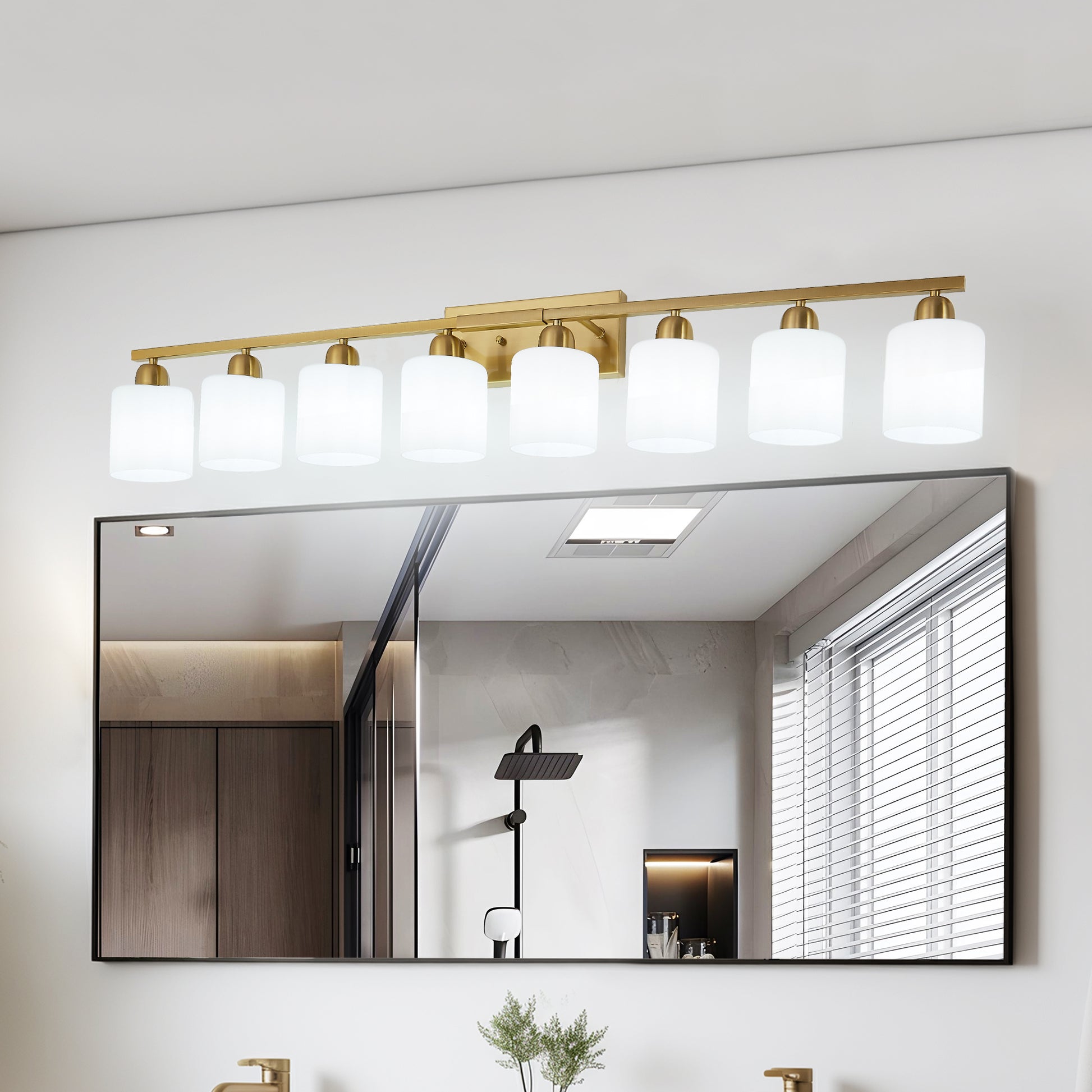 52" Gold Vanity Wall Light with White Glass Shade