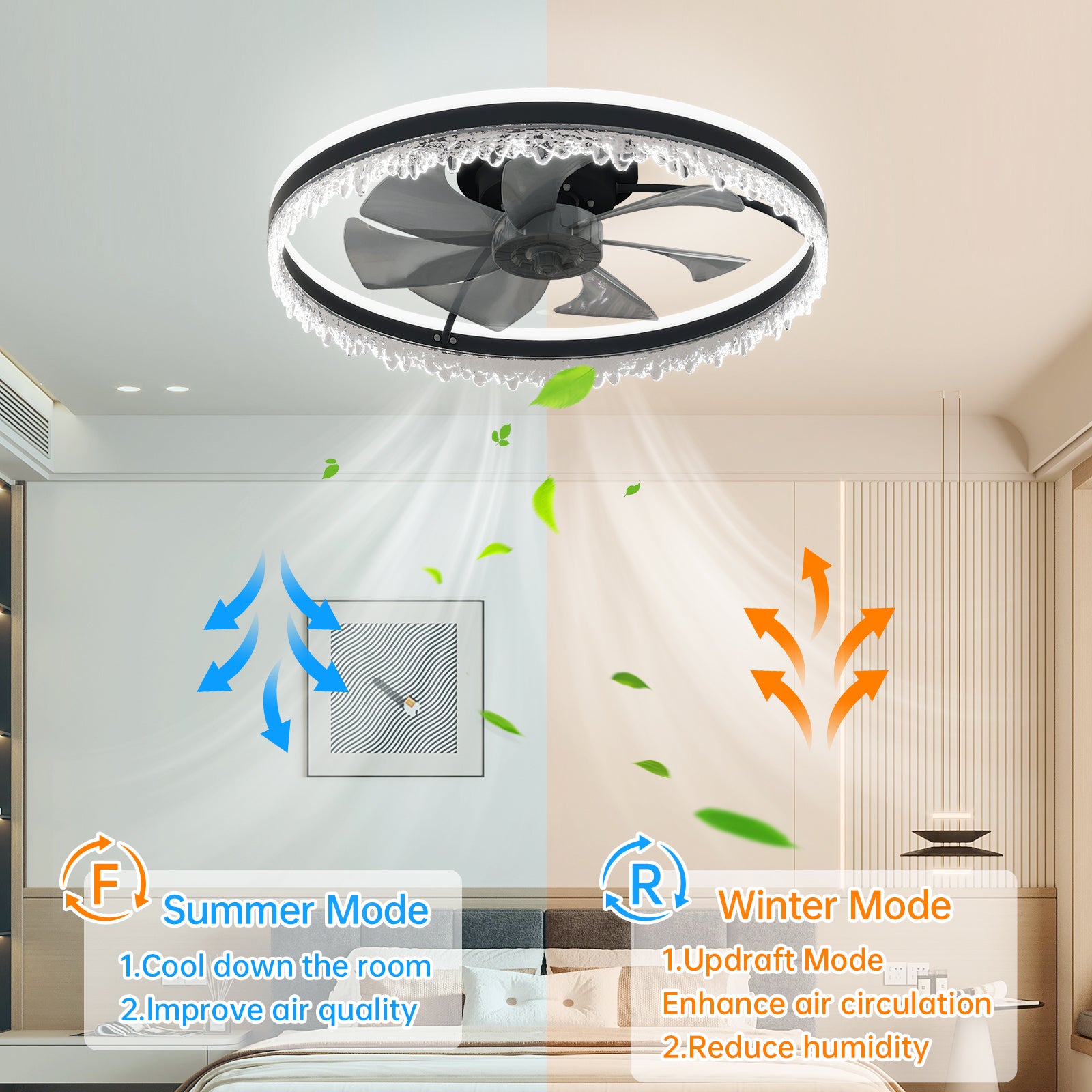 24" Black Crystal Invisible Blade Ceiling Fan with Remote - view 6