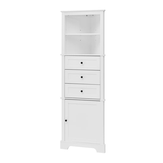 69" White Corner Tall Cabinet with 3 Drawers and Open Shelf