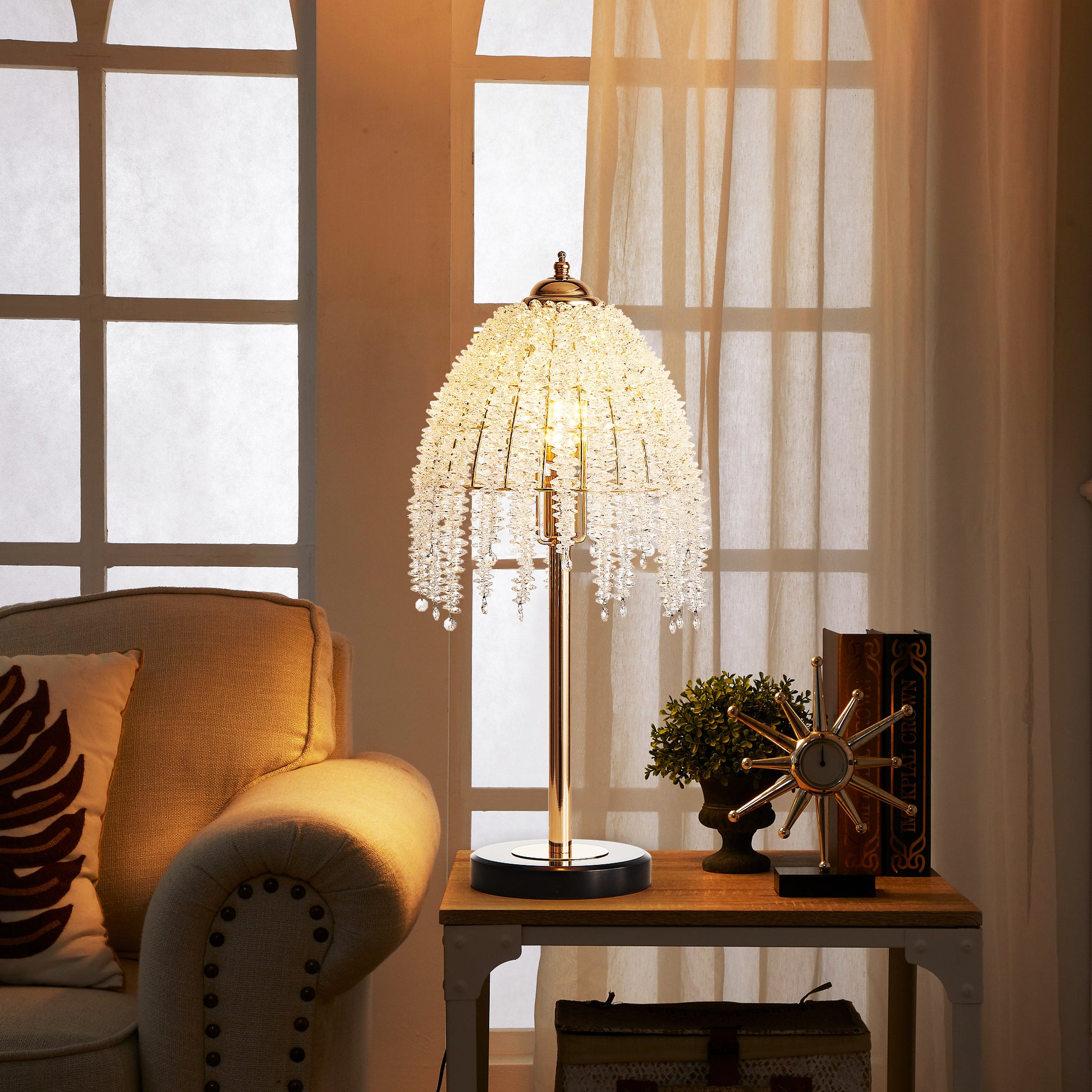 19"H Gold Waterfall Crystal Table Lamp with Marble Base