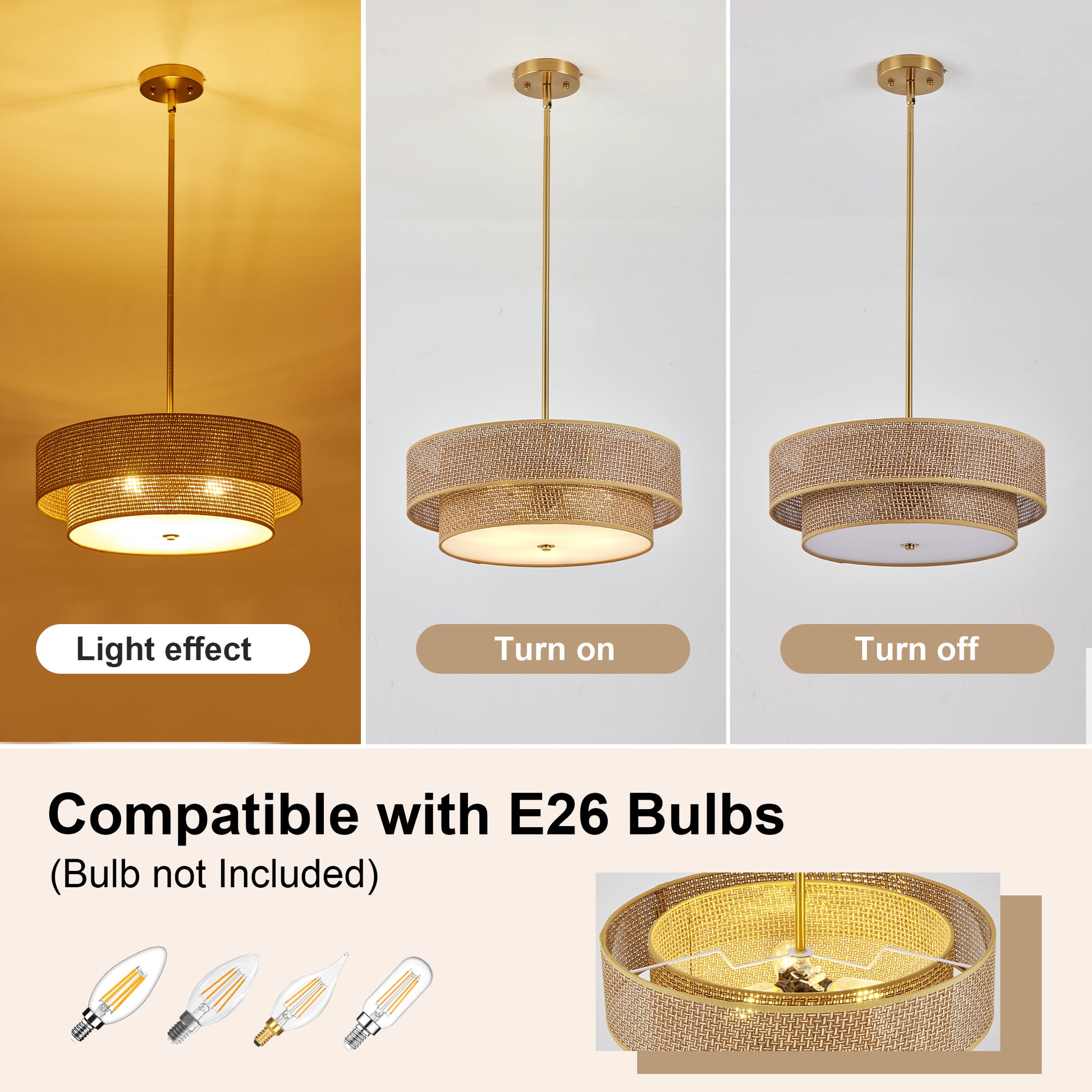 17.7" Gold Woven Rattan Semi Flush Mount Chandelier - view 6