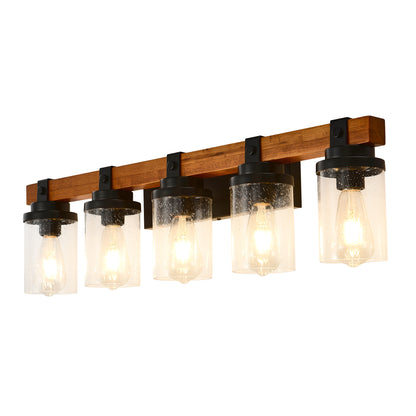 5-Light Matte Black & Wood Wall Light with Glass Shades - view 10