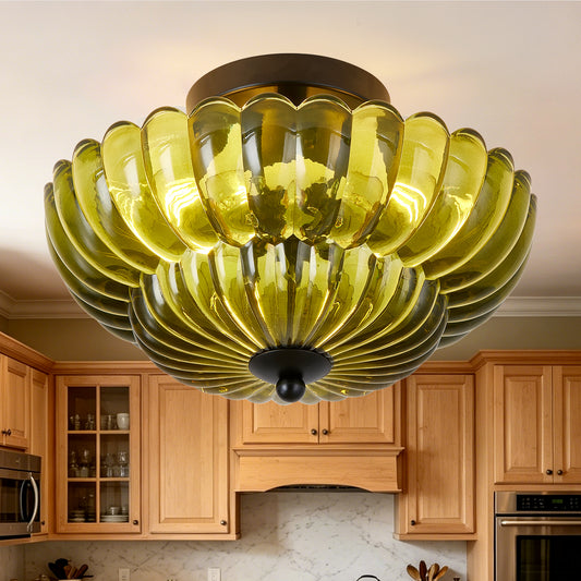 3-Light Green Glass Semi Flush Mount Ceiling Light