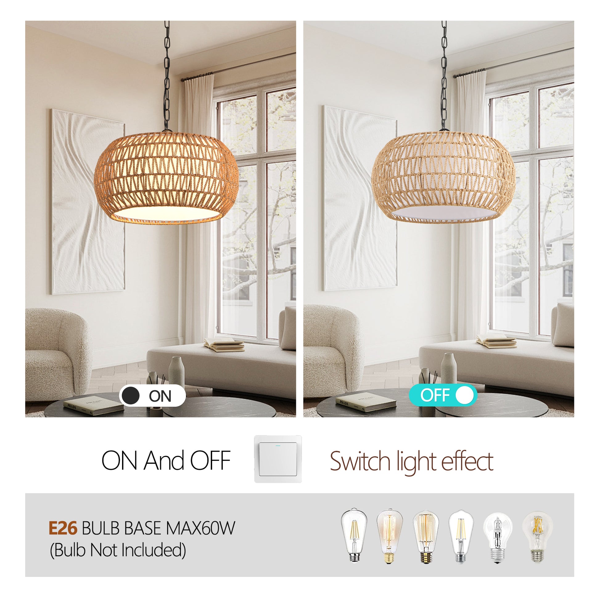 18" White Boho Woven Jute Rope Pendant Light - view 7