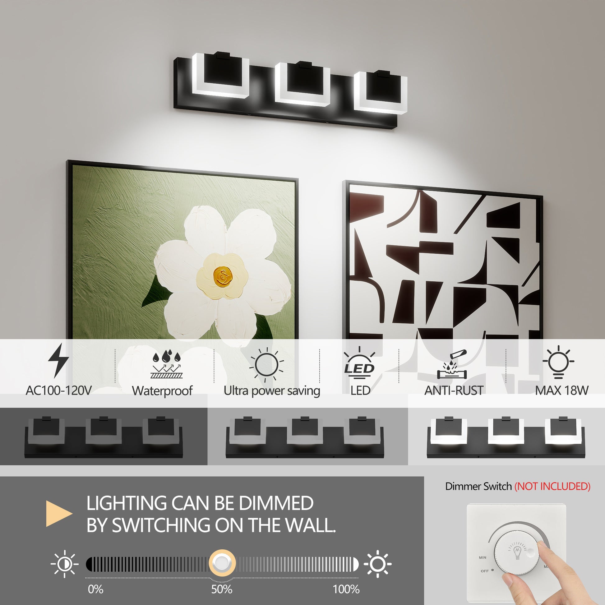 3-Light Modern Black LED Vanity Wall Light - view 4