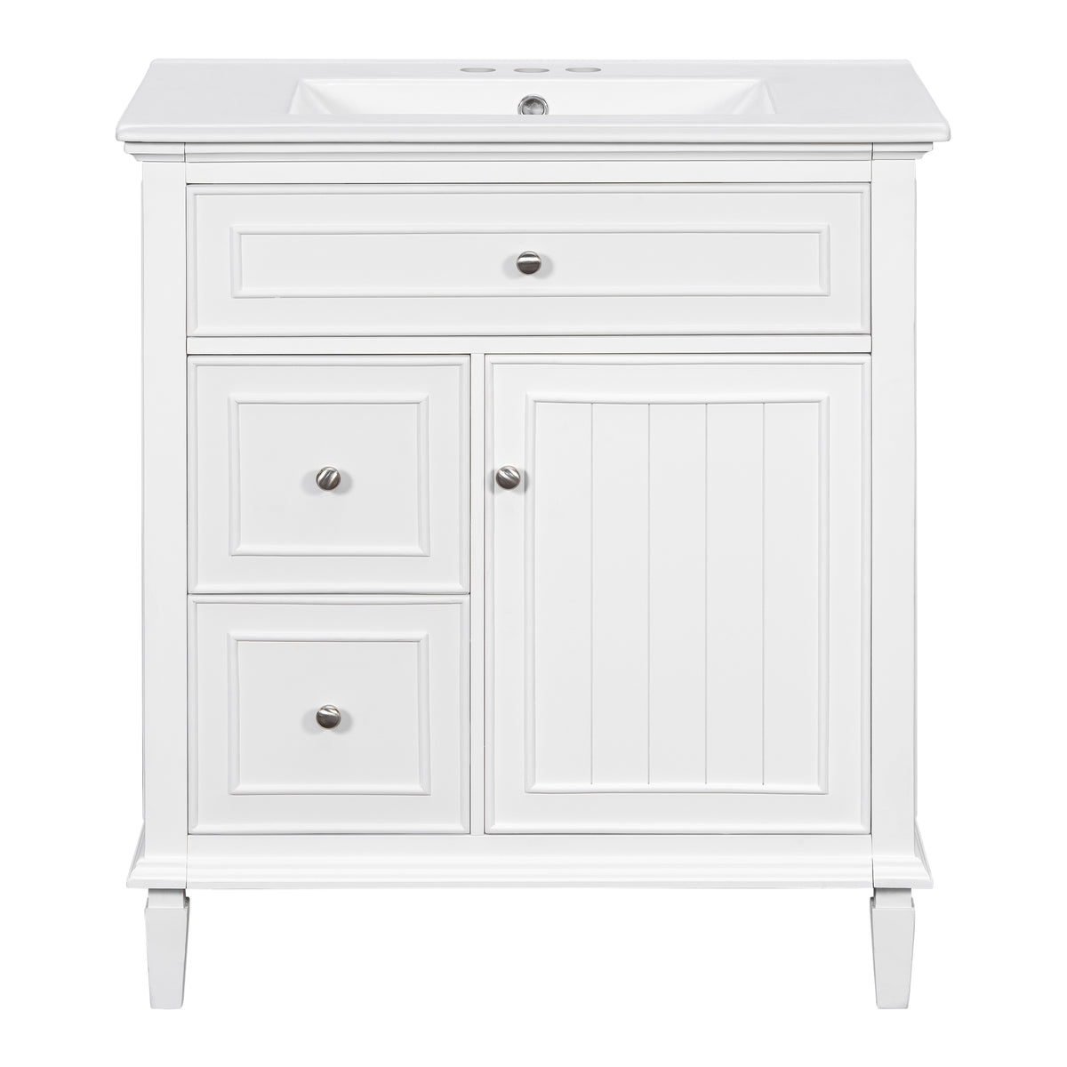 30" White Bathroom Vanity with Sink, Flip Drawer & Shelf