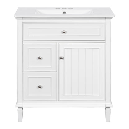 30" White Bathroom Vanity with Sink, Flip Drawer & Shelf