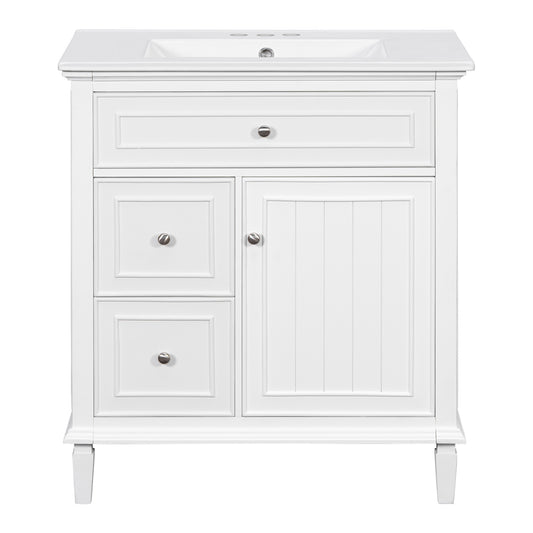 30" White Bathroom Vanity with Sink, Flip Drawer & Shelf