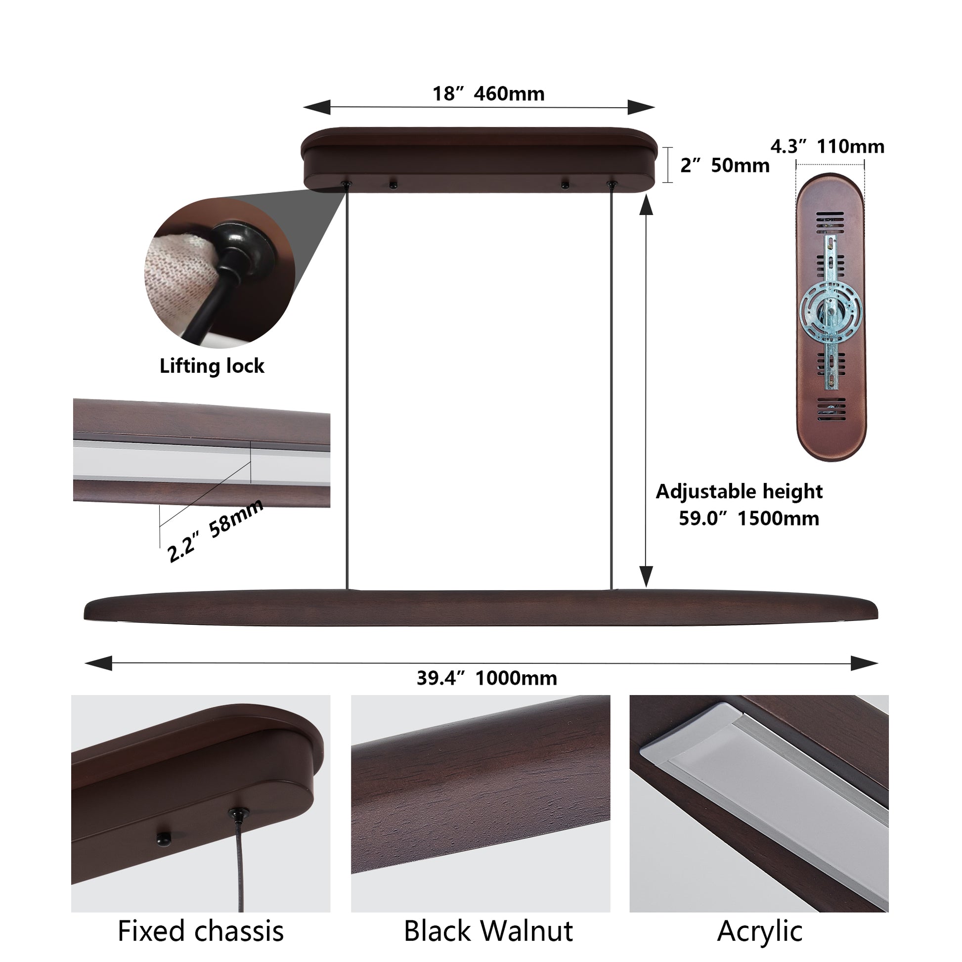 39" Walnut Wood LED Pendant Light with Remote - view 9