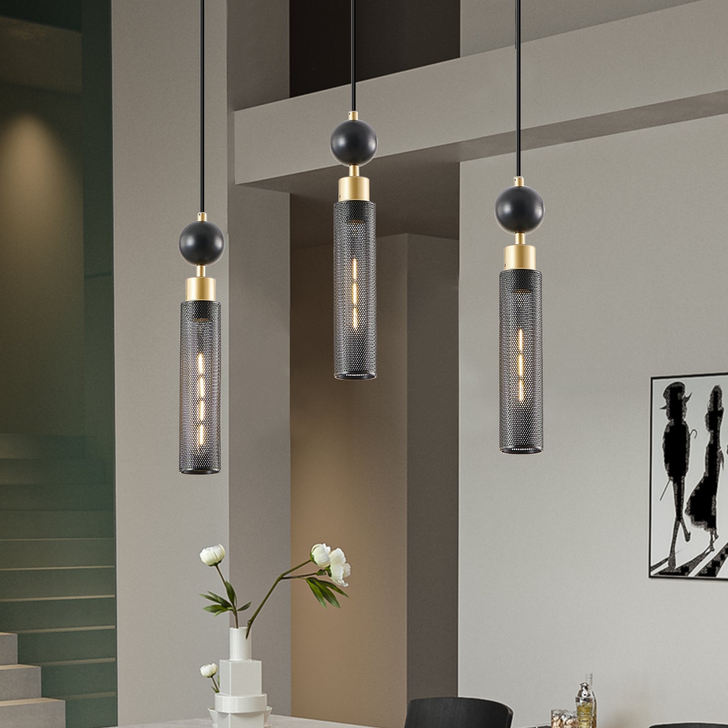 25" 3-Light Black & Gold Chandelier with Mesh Shades - view 3