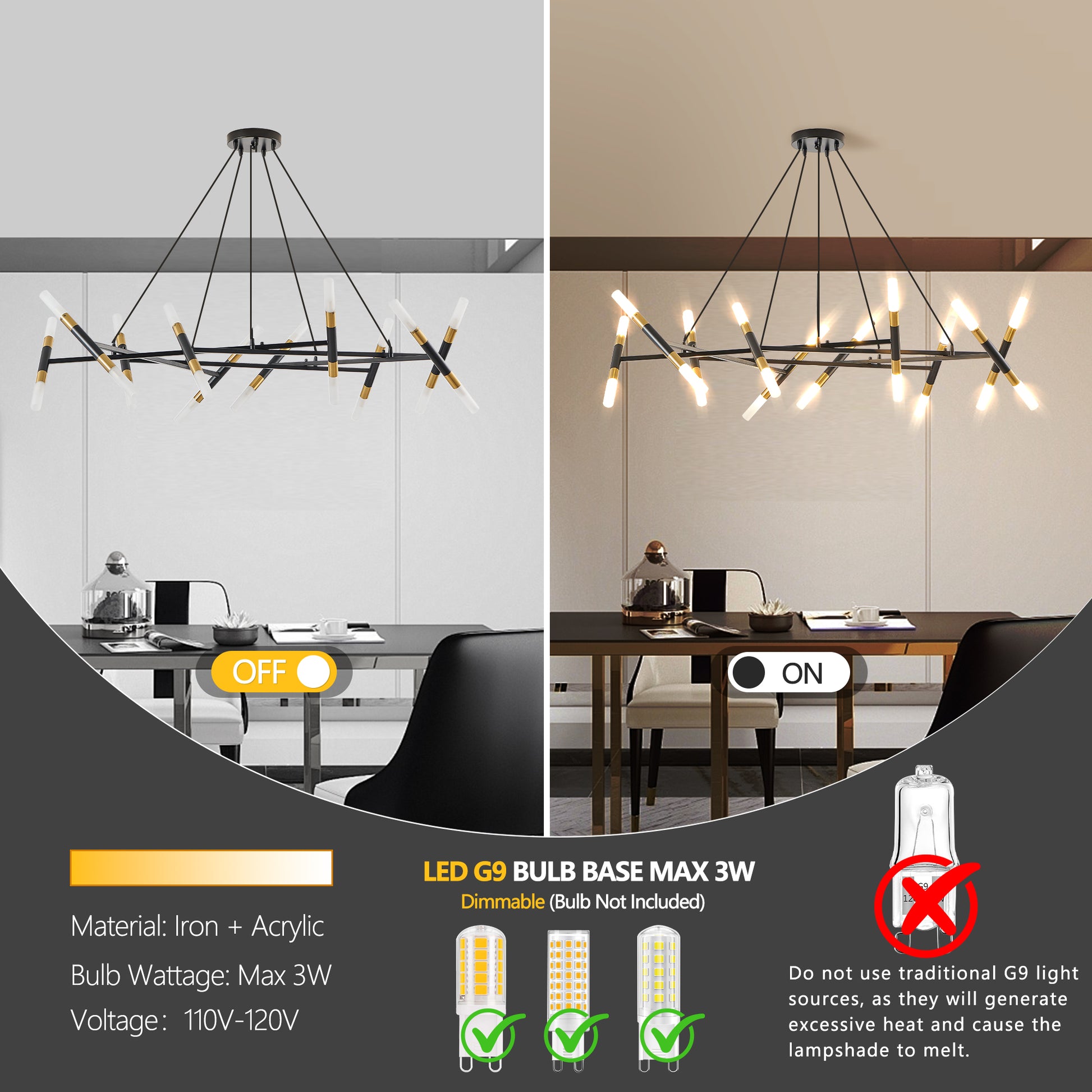 41" Black & Gold Branch Chandelier with Frosted Tubes - view 6