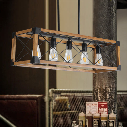 32" 5-Light Walnut Farmhouse Rectangle Chandelier
