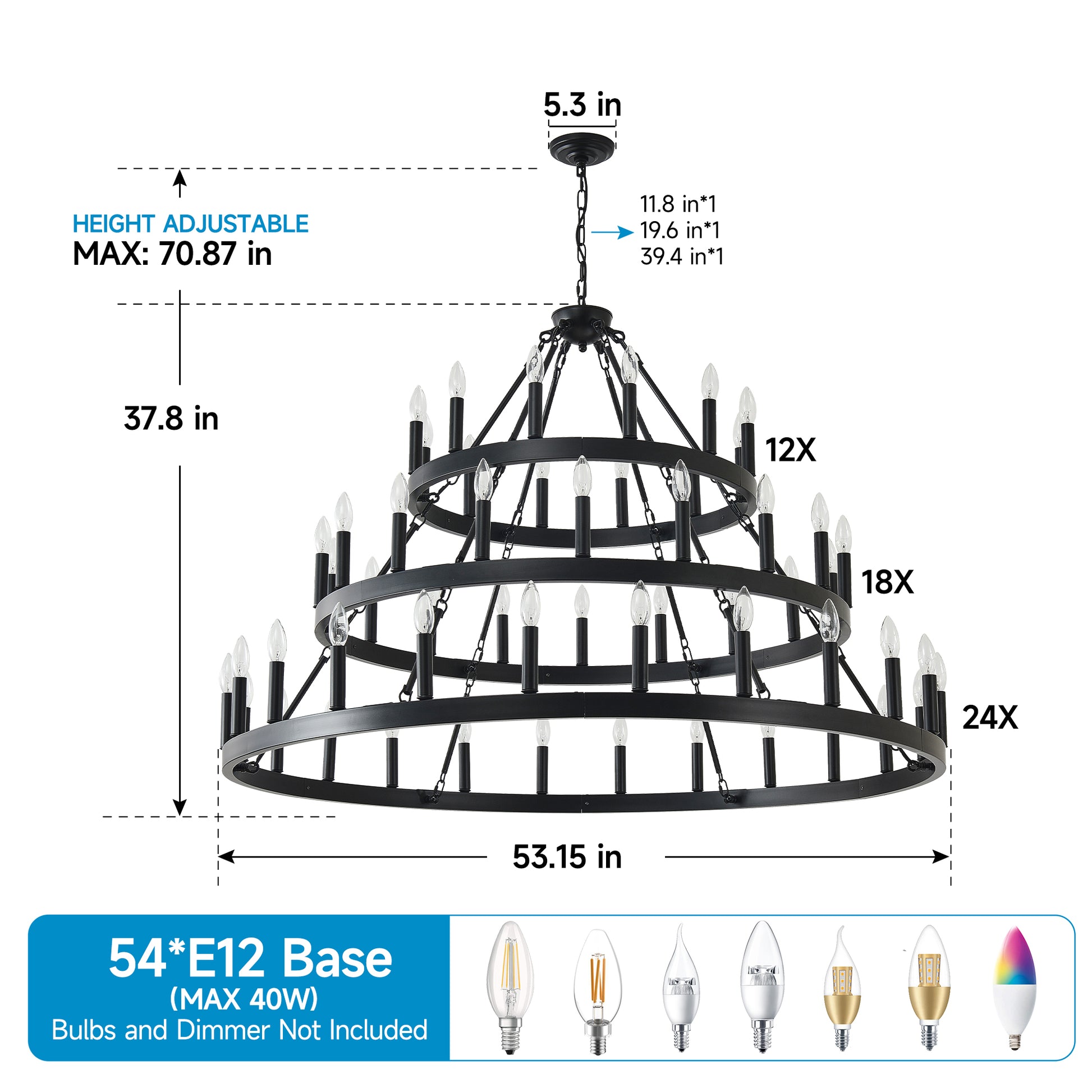 3-Tier Wagon Wheel Farmhouse Chandelier, 54-Light - view 11
