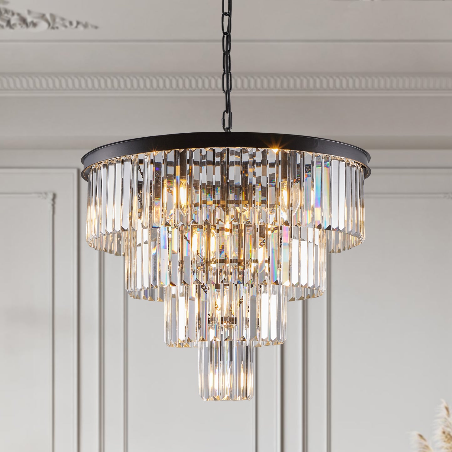 24" 4-Tier Black Crystal Chandelier