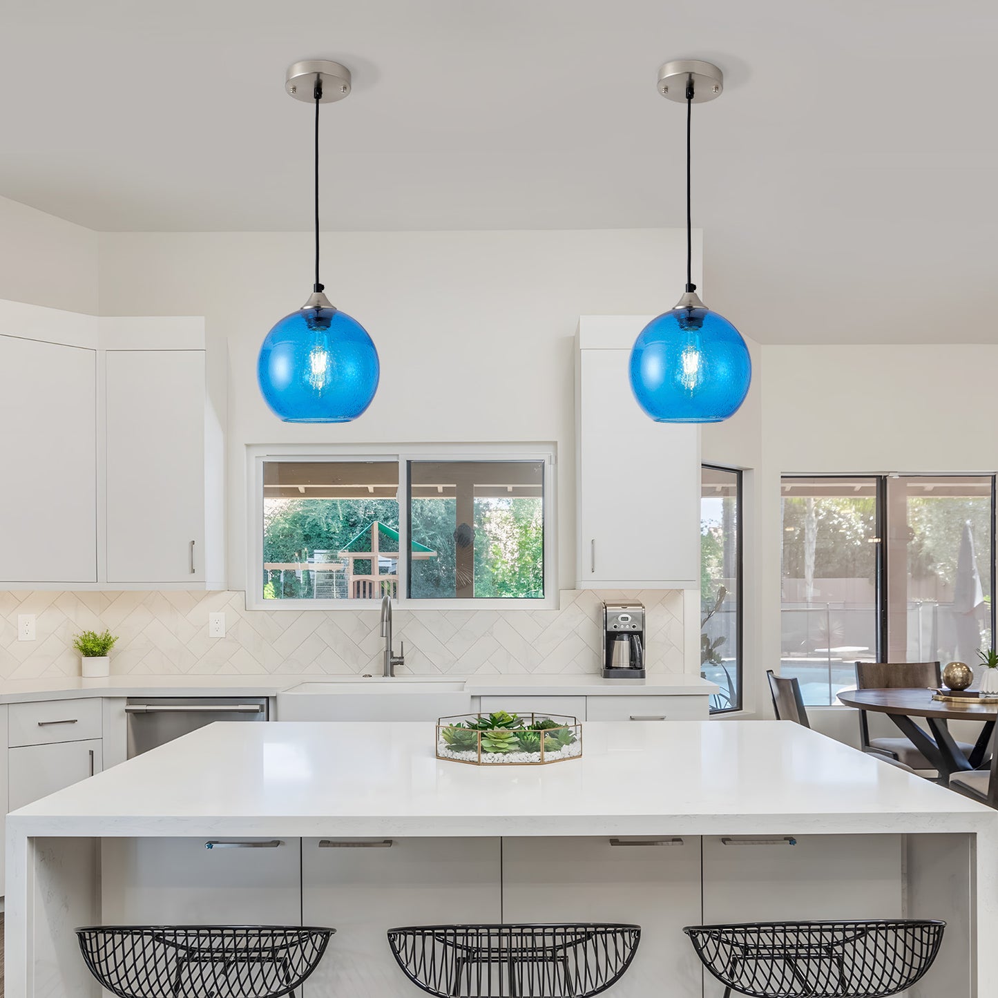 7.9" Light Blue Glass Globe Pendant Light, Set of 2