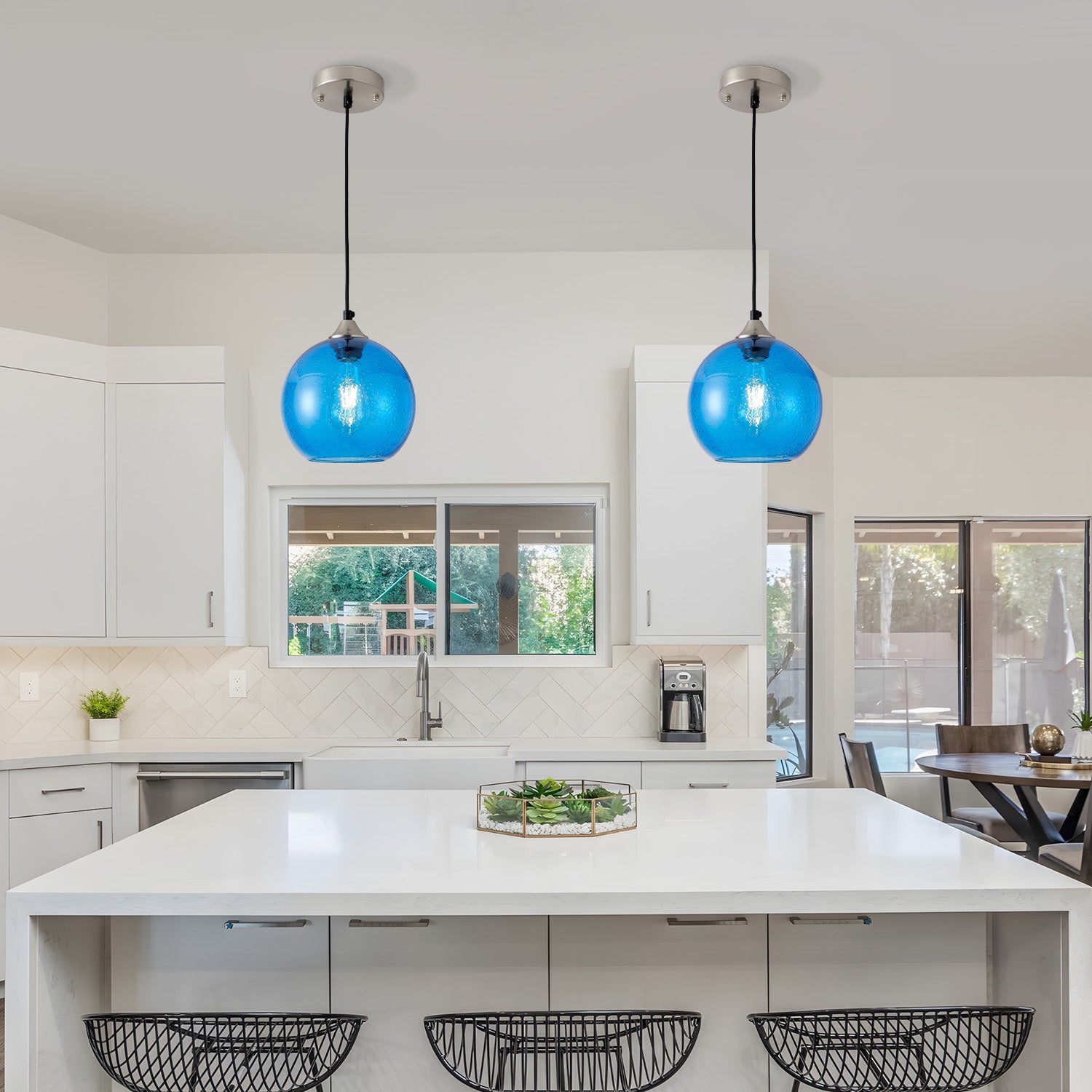 7.9" Light Blue Glass Globe Pendant Light, Set of 2