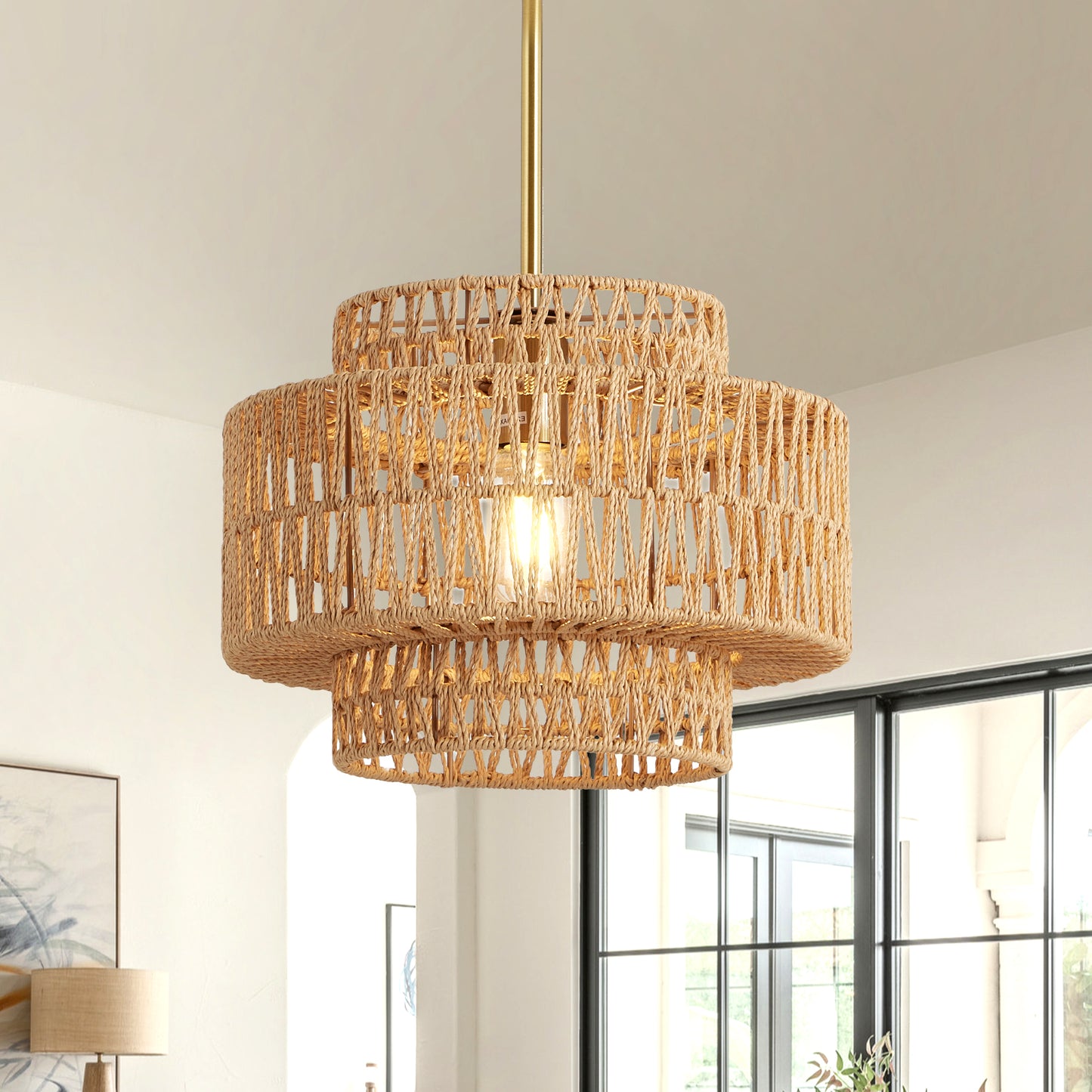 12.6" Boho Hand Woven Rattan Chandelier