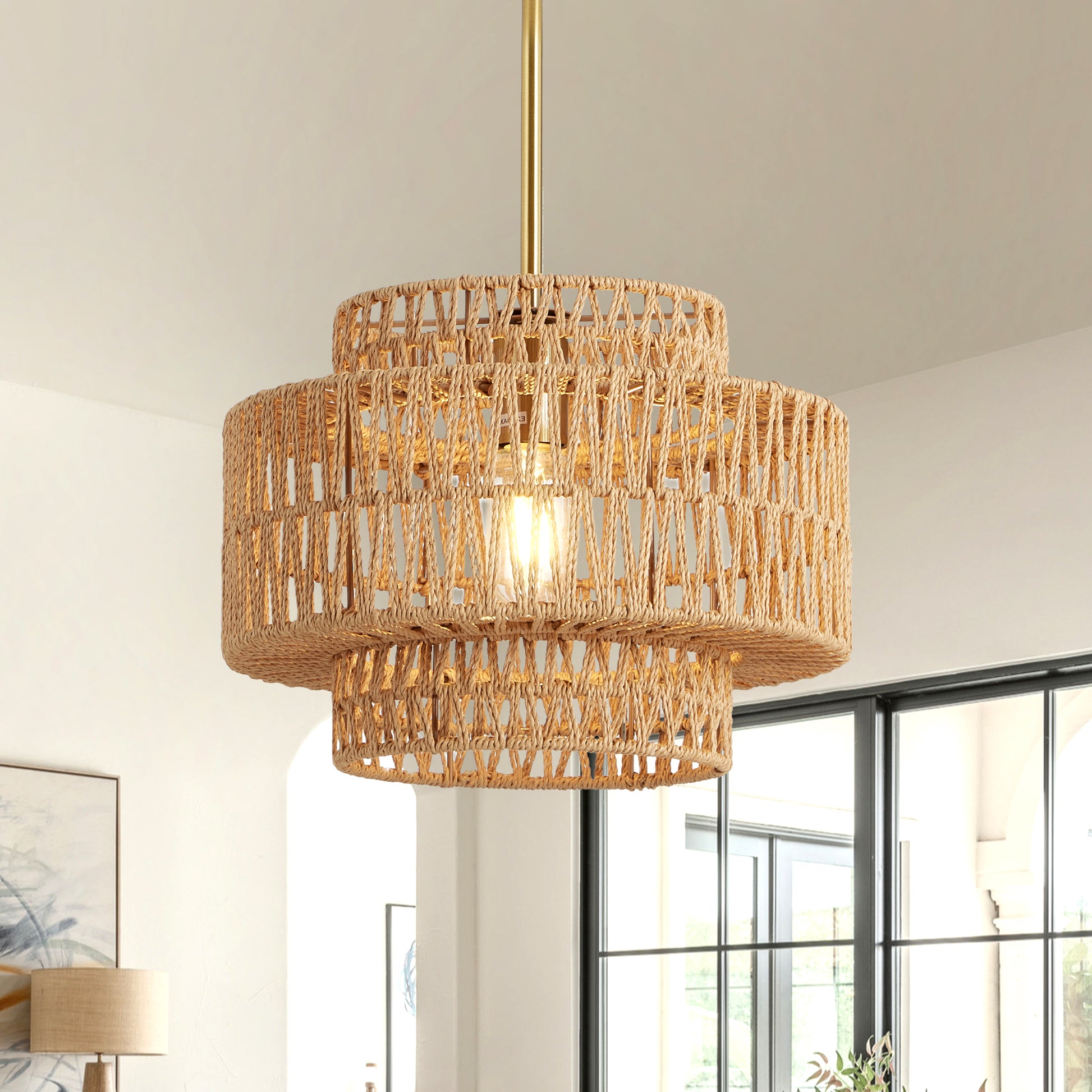 12.6" Boho Hand Woven Rattan Chandelier