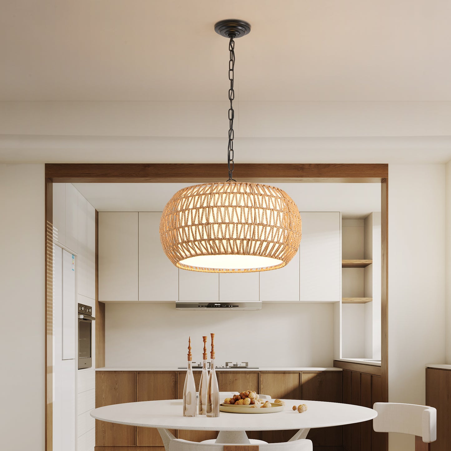 18" White Boho Woven Jute Rope Pendant Light