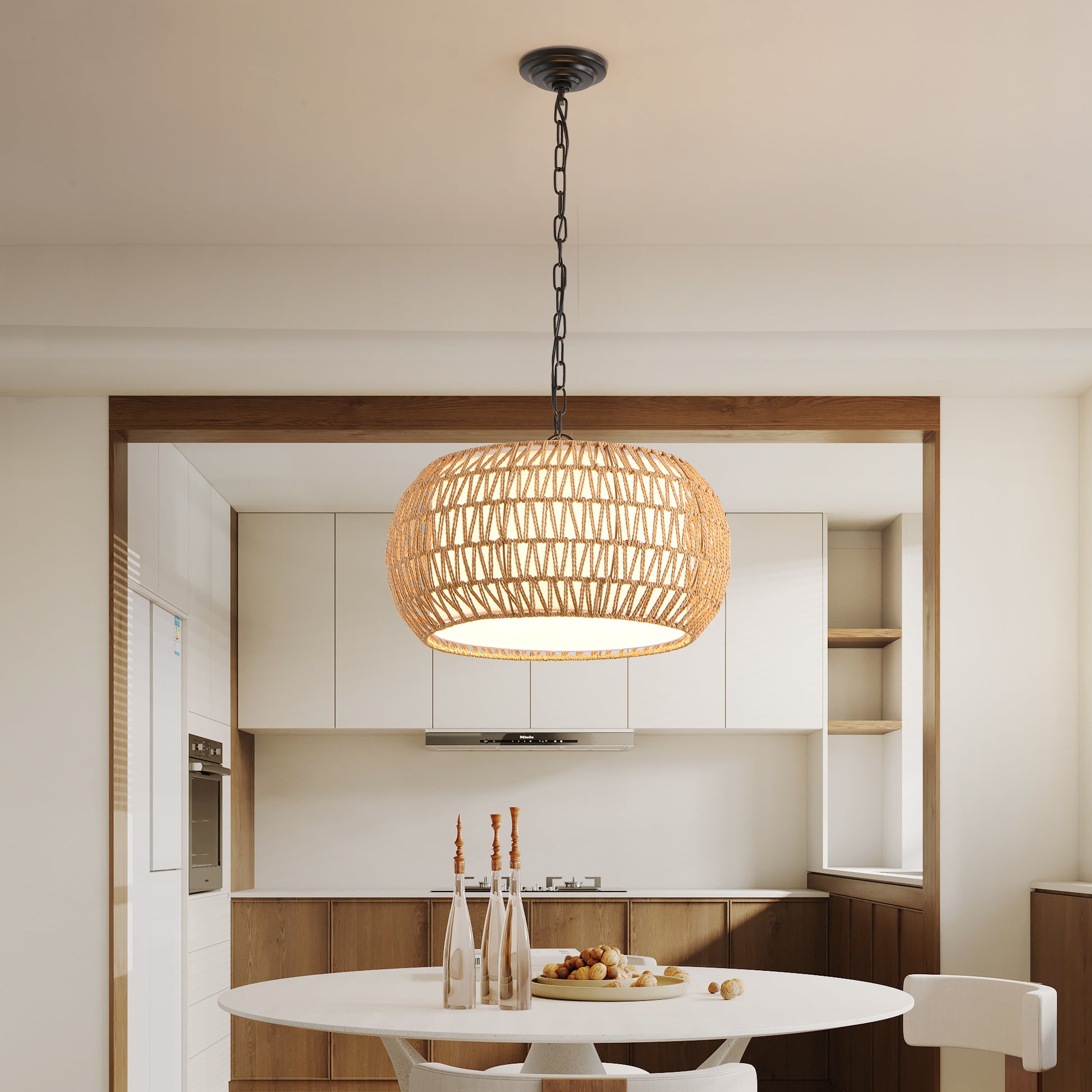 18" White Boho Woven Jute Rope Pendant Light