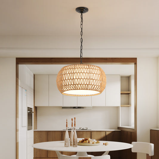 18" White Boho Woven Jute Rope Pendant Light