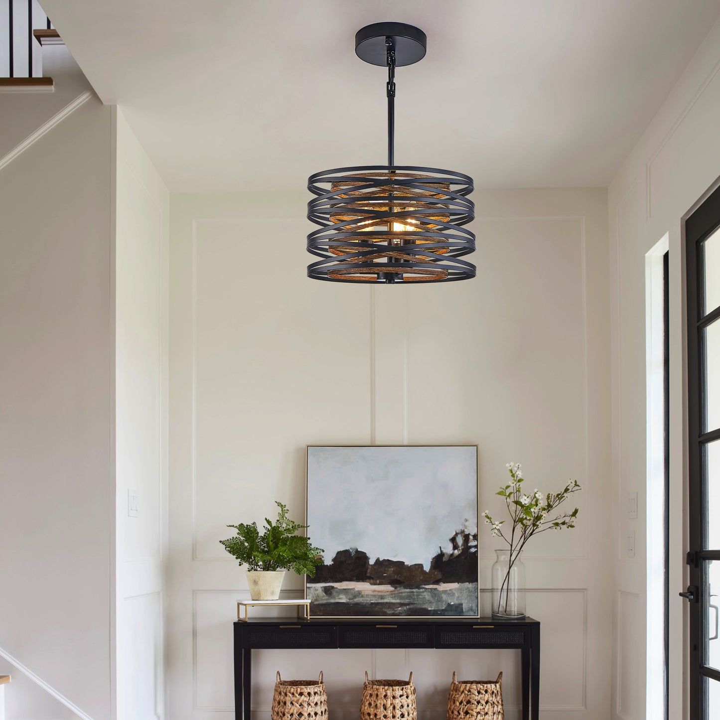 13" 3-Light Black & Walnut Caged Chandelier - view 2