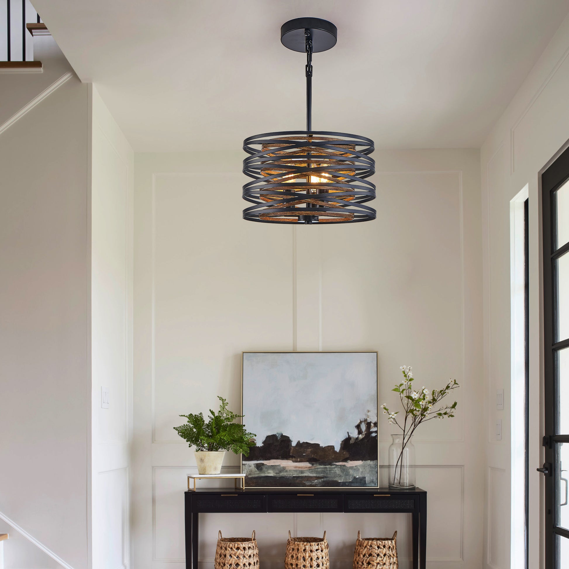 13" 3-Light Black & Walnut Caged Chandelier - view 2