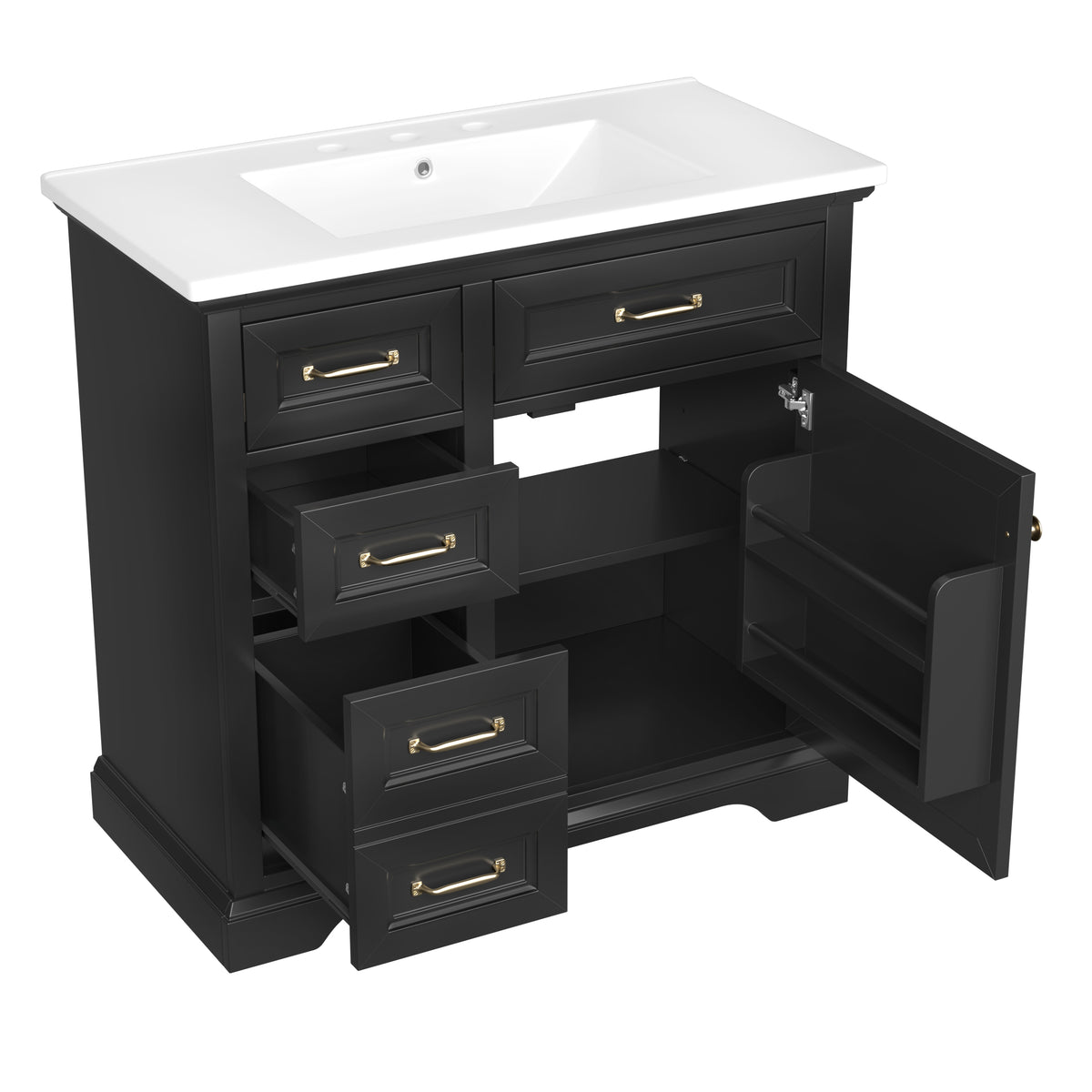 36" Black Bathroom Vanity with Sink, 4 Drawers & Gold Handles