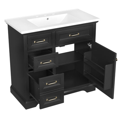 36" Black Bathroom Vanity with Sink, 4 Drawers & Gold Handles