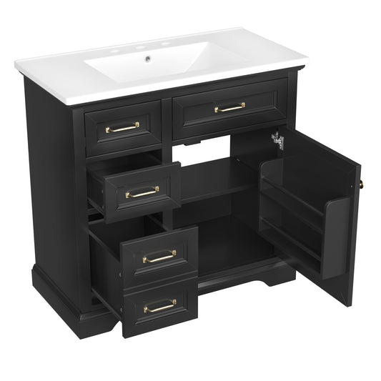 36" Black Bathroom Vanity with Sink, 4 Drawers & Gold Handles