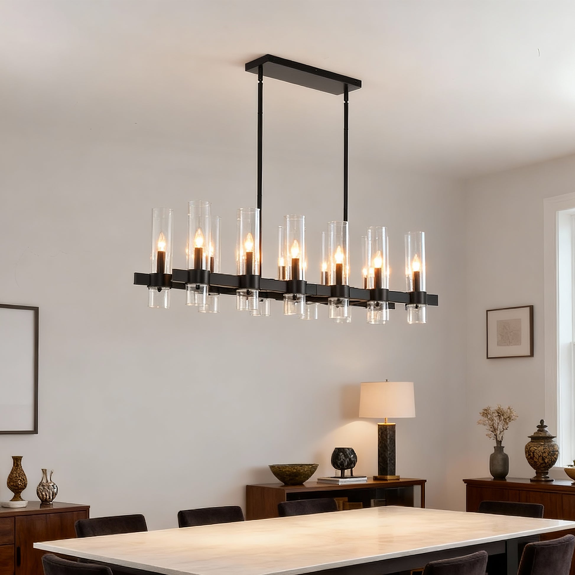 12-Light Black Linear Farmhouse Chandelier with Clear Glass - view 11