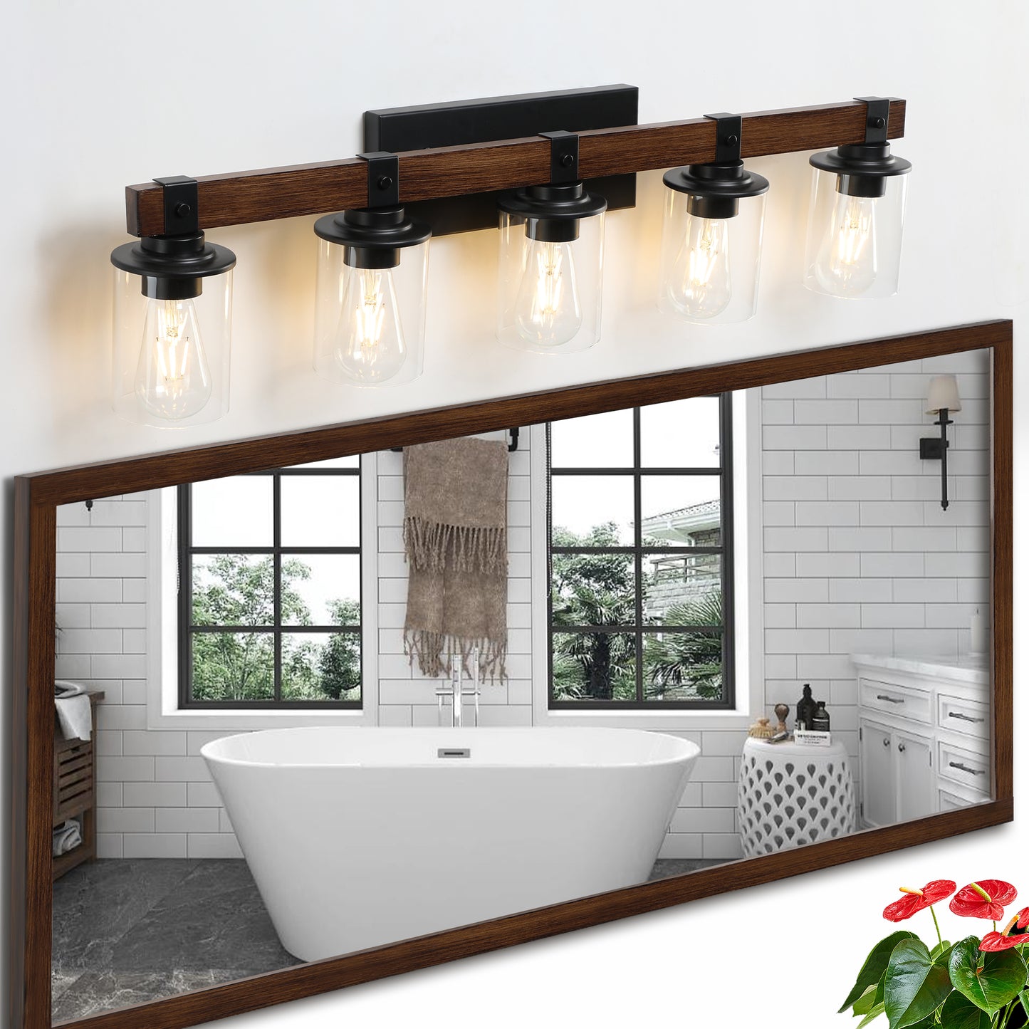 35" 5-Light Farmhouse Vanity Light with Wood Accent - view 3