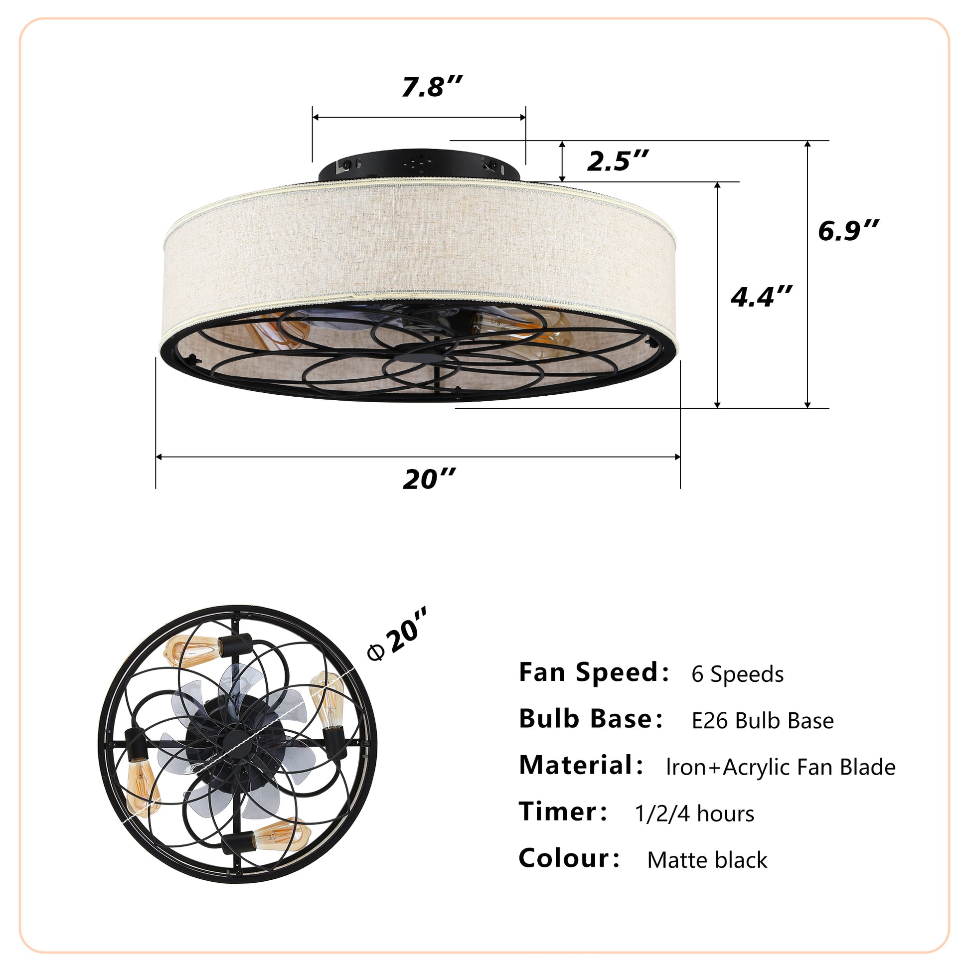 20" Farmhouse Fabric Bladeless Ceiling Fan with Remote - view 6