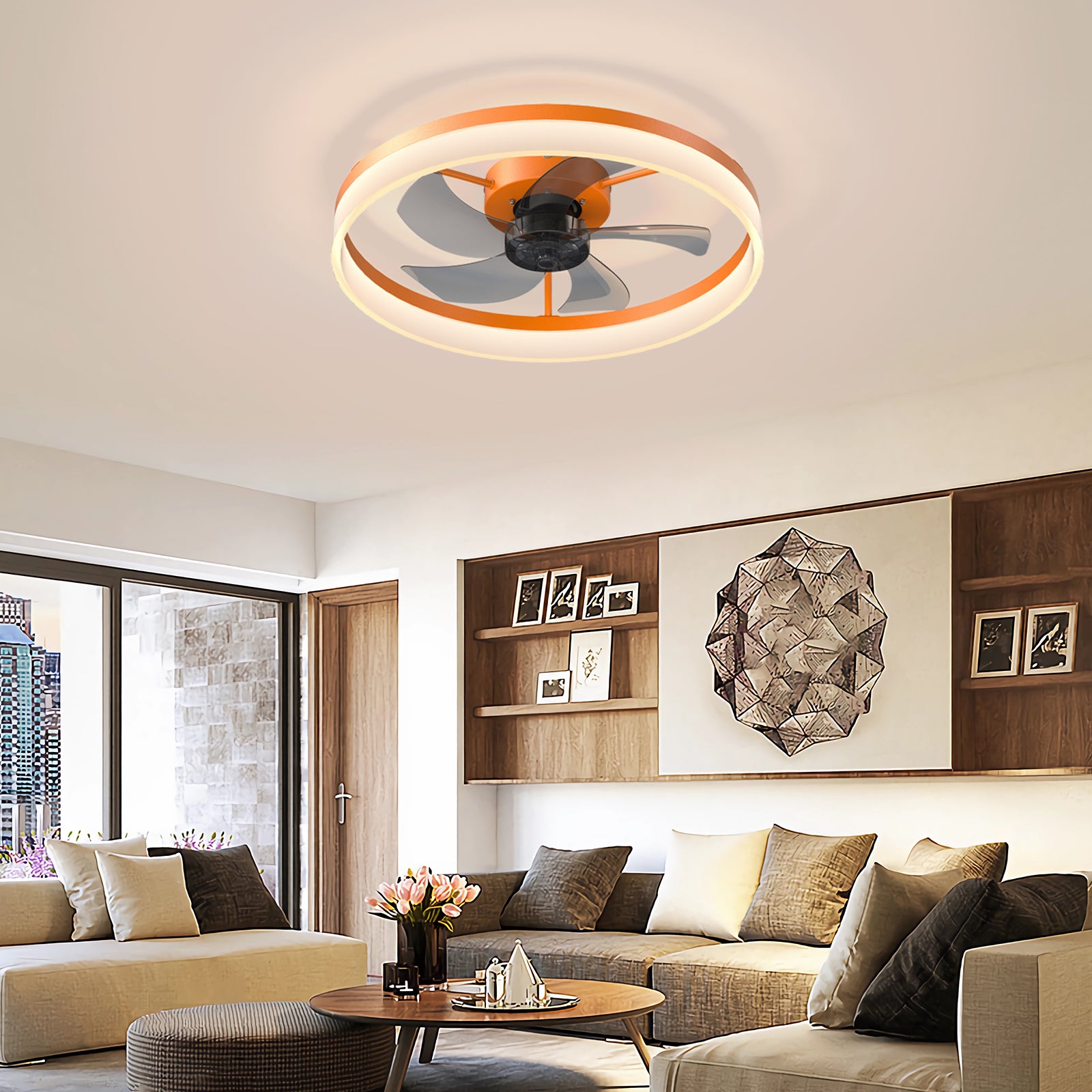 White & Orange Low Profile Ceiling Fan with Dimmable LED