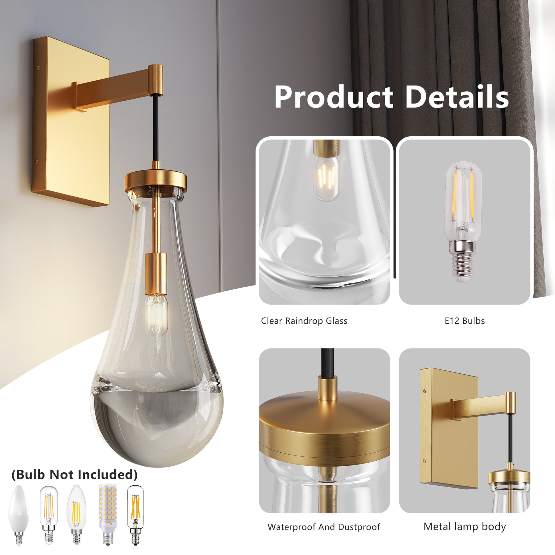 Brass Wall Light with Raindrop Glass, Dimmable LED - view 5