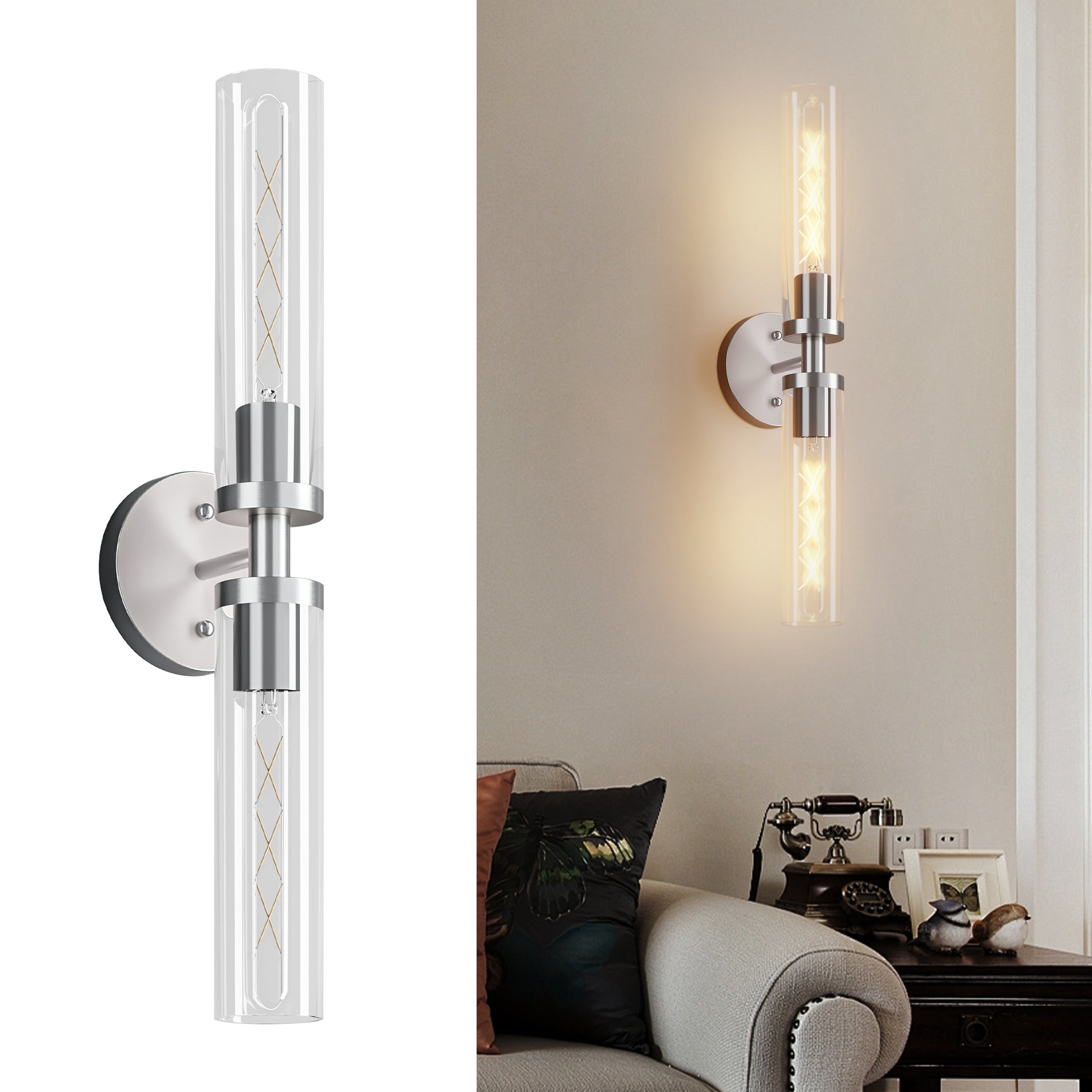 Brushed Nickel Wall Sconce with Clear Glass, Set of 2