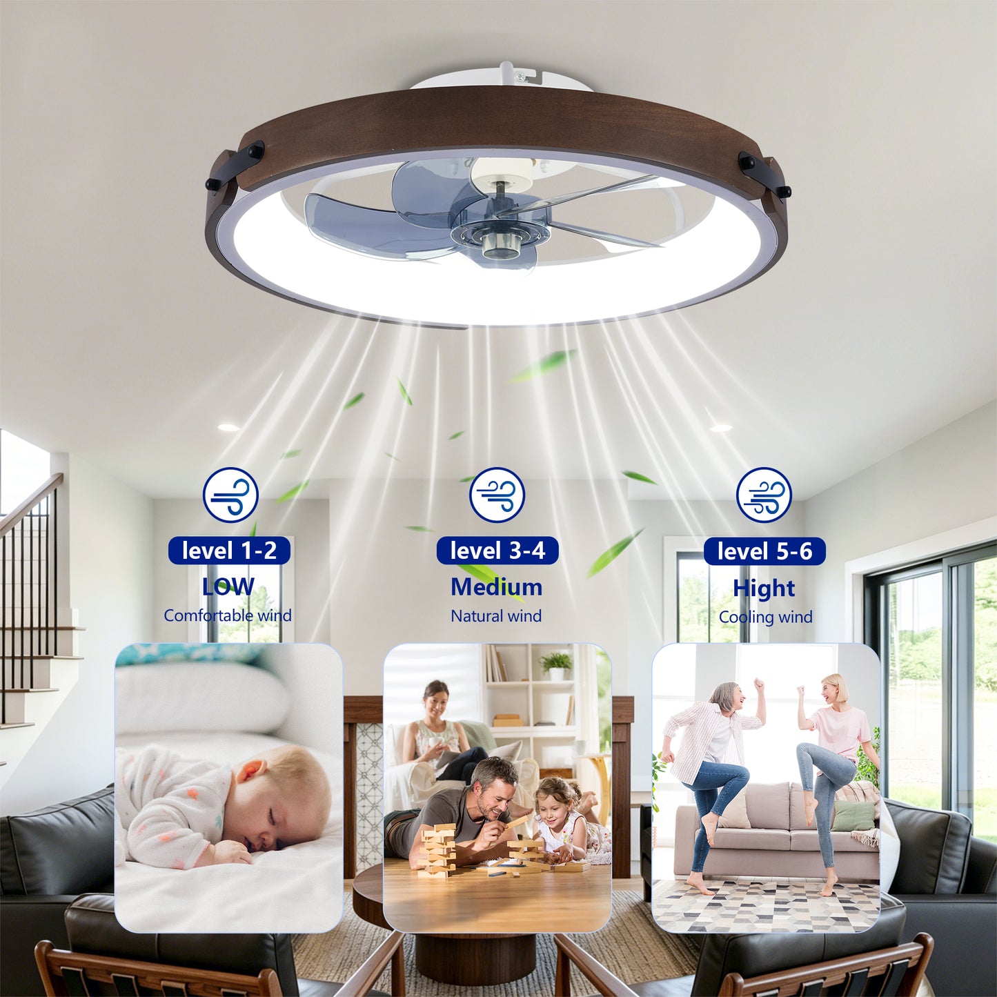 20" Walnut & Black Flush Mount Ceiling Fan with Dimmable LED - view 11