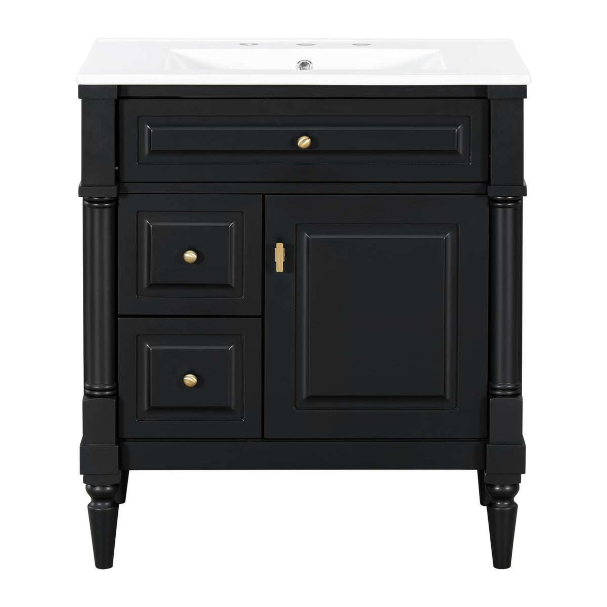 30" Black Bathroom Vanity with Sink, 3 Drawers & Turned Legs